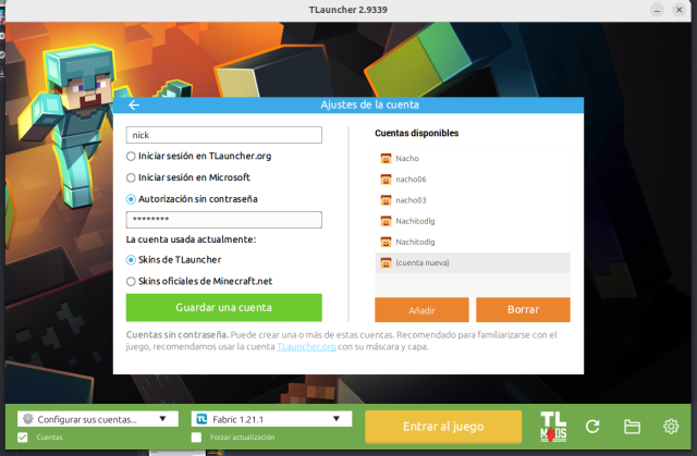 Configurar cuenta sin contraseña en TLauncher